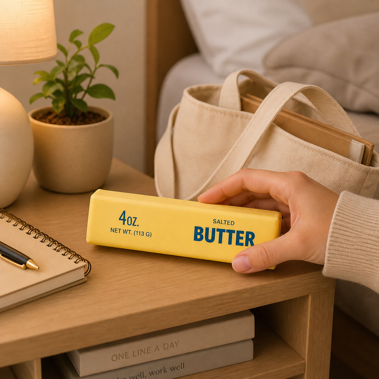 Butter Squishy toy beside laptop for desk stress relief