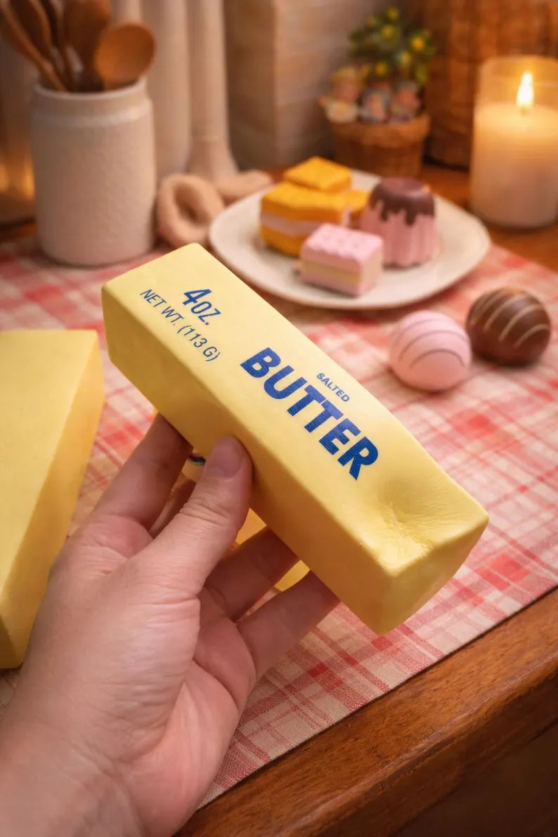 Butter Squishy stress relief toy squeezed in hand
