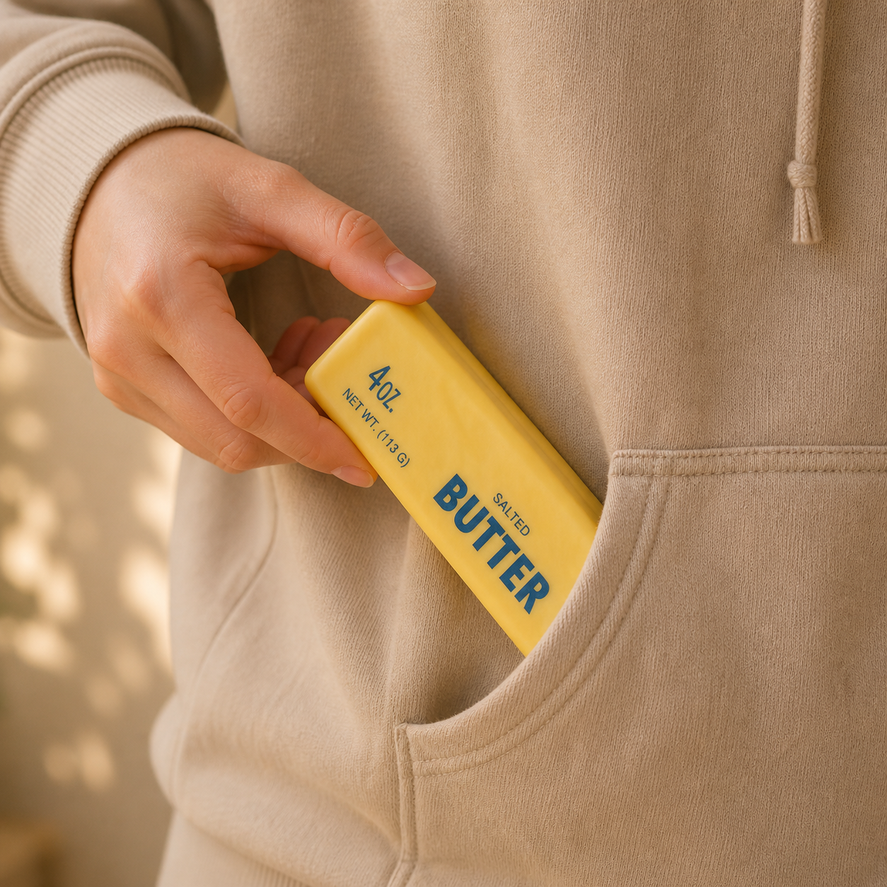 Butter Squishy stress relief toy squeezed in hand