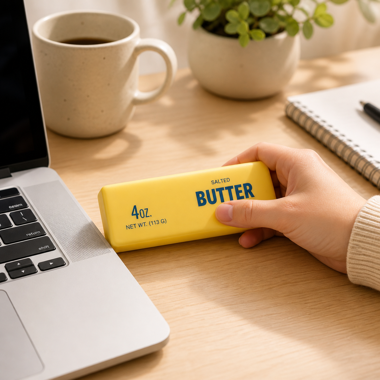 Butter Squishy toy beside laptop for desk stress relief